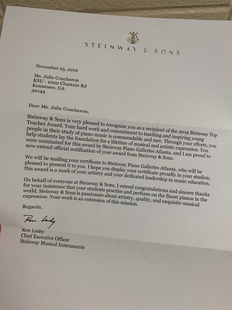 A letter to Julie Coucheron from Steinway where she received the award for "Top Theacher Award"