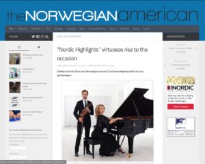 Faksimile fra https://www.norwegianamerican.com/nordic-highlights-virtuosos-rise-to-the-occasion/ with image of Danish the violinist Skow and Norwegian pianist Coucheron